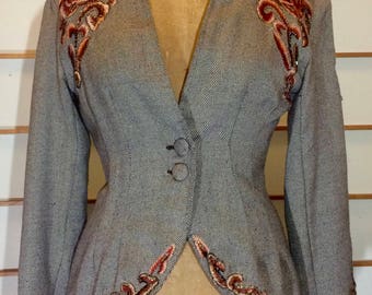 Embroidered Tweed and Embroidered Film Noir Fit and Flared Blazer Jacket Tuxedo Bottom Wasp Waist M