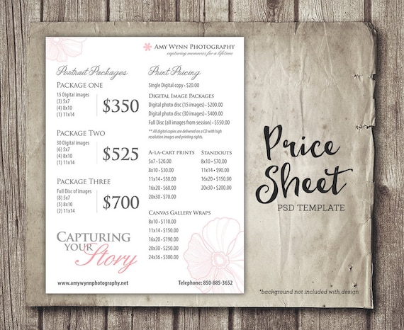 photography price sheet package pricing photographer price list