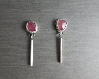 Pink Sapphire Earrings, Asymmetrical Earrings, Dangle Earrings, Original, Stud Earrings, Sterling Silver Earrings, September Birthstone