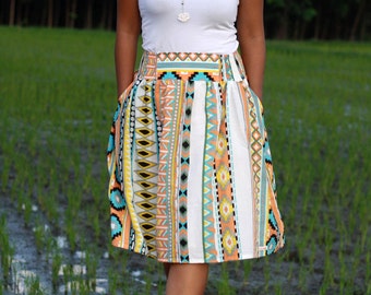 Orange Tribal Skirt, Midi Skirt in Tribal Pattern, Colorful Tribal Skirt with Pockets