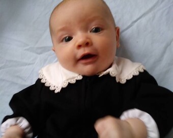 Wednesday Addams infant dress - baby sizes black jersey knit nightgown pajamas white lace trimmed peter pan collar and zipper front costume