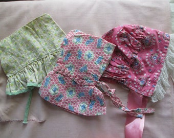 Reserved, Vintage Antique Doll Clothing: Trio of Bonnets, Feed sacks.