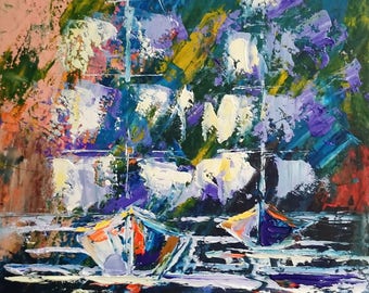 Night sailing; Original palette knife painting; framed