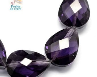 2 large beads, glass drops purple faceted 13x18mm (pv407)