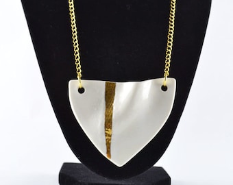 Large gold and white geometric porcelain necklace - modern minimalist jewelry made in Spain