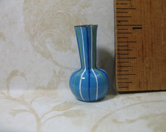 VASE Mid Century Modern Striped Blue Bud vase - French Feve Feves Porcelain Doll House Miniatures A113