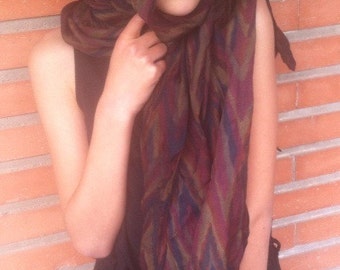Vintage scarf // colored dark: yellow, red, khaki // former(old) rectangular scarf // scarf woman // French vintage fashion