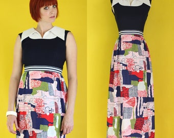 Vintage 70s Maxi Dress - Summer Dress - Long Dress - Hostess Dress - Navy Blue Colorful Dress - Sleeveless Dress - Print Dress Sz Small / XS