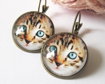 Cat Face Antique Brass Dangle Earrings