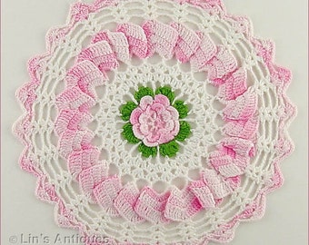 Vintage Pink and White Crochet Doily,Crochet Doily with Pink Rose and Green Leaves Center (Inventory #M4173)