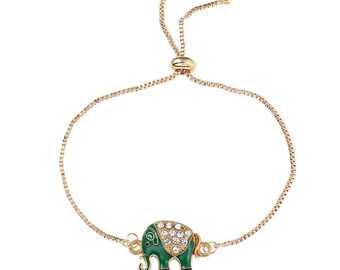 Charm Bracelet, tronc éléphant Bracelet breloque, Bracelet à breloques or Boho Chic, Bracelet porte-bonheur avec éléphant vert or