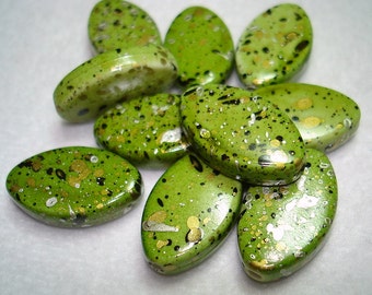 Green with Gold Black Splash Marquise Acrylic Beads (Qty 10) - B3237