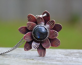 Garden Flower . Copper . Labradorite Necklace. Handmade . Fine Silver . Rustic . Earthy . Boho .