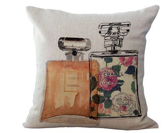 Vintage Designer Two Perfume Bottle Linen Cushion Cover 45x45cm Home Decor
