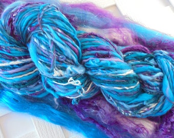 OCEAN FANTASY Handspun Yarn, Worsted-Weight Yarn, Worsted Handspun, Thick and Thin Yarn, Merino Yarn, Silk Yarn, Art Yarn, Knitting Yarn