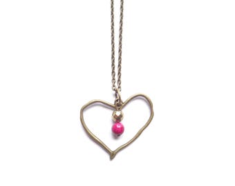 Heart Necklace, Short Boho Necklace, Minimalist Necklace, Bronze Necklace, Pink Necklace, Minimalist Jewelry, Boho Necklace, Gift For Women