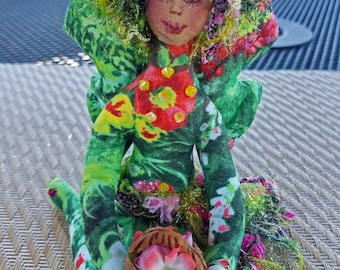 OOAK, Whimsical, colorful fiber sculpted tropical flower fairy, Swarovski crystal accents
