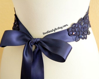 Navy Beaded Flower Lace Sash / Bridal Wide Sash, Bridesmaid Navy Sash/ SH-15
