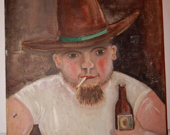 Vintage OUTSIDER Art COWBOY Grandpa Bill Man Smoking BEER Bottle Oil Portrait Painting c1940-50s