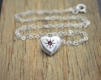 Ruby Mothers Necklace, Silver Heart Necklace, Ruby Necklace, Dainty Heart Necklace, Mothers Necklace, July Birthstone, Ruby Pendant, Natural