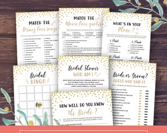 Bridal Shower Games Printable Package, Wedding Shower Games Bundle, Instant Download, Disney Games, Gold and Black, Funniest