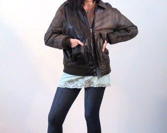 Etsuko, 80s Distressed Leather Jacket XL, A-2 Style Bomber Jacket, Dark Brown Leather Bomber, G-1 Korea Trashed Vintage Jacket Large 44 Tall