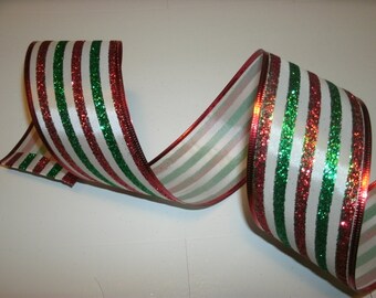 5 yds of Colorful Striped Holiday Ribbon, Seasonal Ribbon, Wired Edge Ribbon