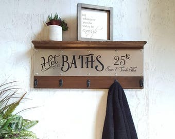 Bathroom Towel Rack || Bathroom Decor, Bathroom Shelf, Towel Hooks, Hot Baths, Farmhouse Decor, Galvanized Metal, Wooden Towel Rack