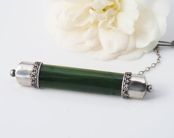 Victorian Jade Bar Brooch | Antique Sterling Silver Capped Jade Brooch | Nephrite Jade and Silver - C-Clasp Pin & Safety Chain