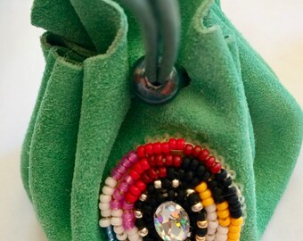 Leather and beads, small leather bag purse