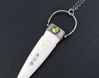 Carved Bone Talisman Necklace, bone jewelry, peridot, sterling silver, white green silver, boho, bohemian, talisman, michele grady, bone