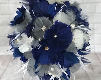 Navy blue bouquet,Feather bouquet,Wedding bouquet,Gatsby bouquet,Cascading Bridal bouquet, Gatsby wedding,Brooch bouquet,Feather flower