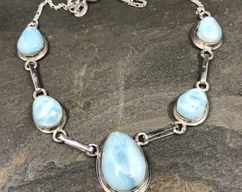18", 1mm, sterling silver handmade necklace, fine 925 silver figaro link with teardrop shaped Larimar, stamped 925