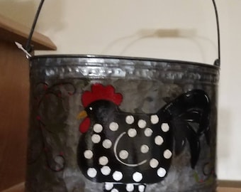 Rooster Acrylic painted oval bucket