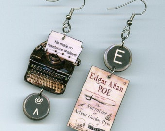 Book Earrings - Arthur Gordon Pym Poe quote - Typewriter jewelry - literary teacher's gift - book club