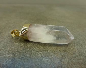 Crystal Quartz Gemstone Point Pendant Gold Plated Brass Cap and Bail 41mm