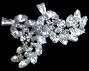 Weiss Clear Rhinestone Brooch, Weiss Rhinestone Double Leaf Brooch, Clear Marquise Rhinestone Brooch, Vintage Silver Rhinestone Brooch