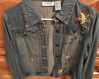 Vintage Jean Jacket with Embroidered Flowers Size 8