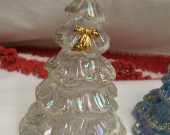 Vintage Fenton Art Glass Christmas Tree Miniature 3" Iridescent Frosted White With Golden Bow Vintage Holiday Decor