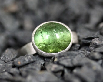 Mint Green Tourmaline Ring, Leaf Green Gemstone Brushed Sterling Silver Handmade Silversmithed Stone Ring - Ready to Ship in US Size 8.5