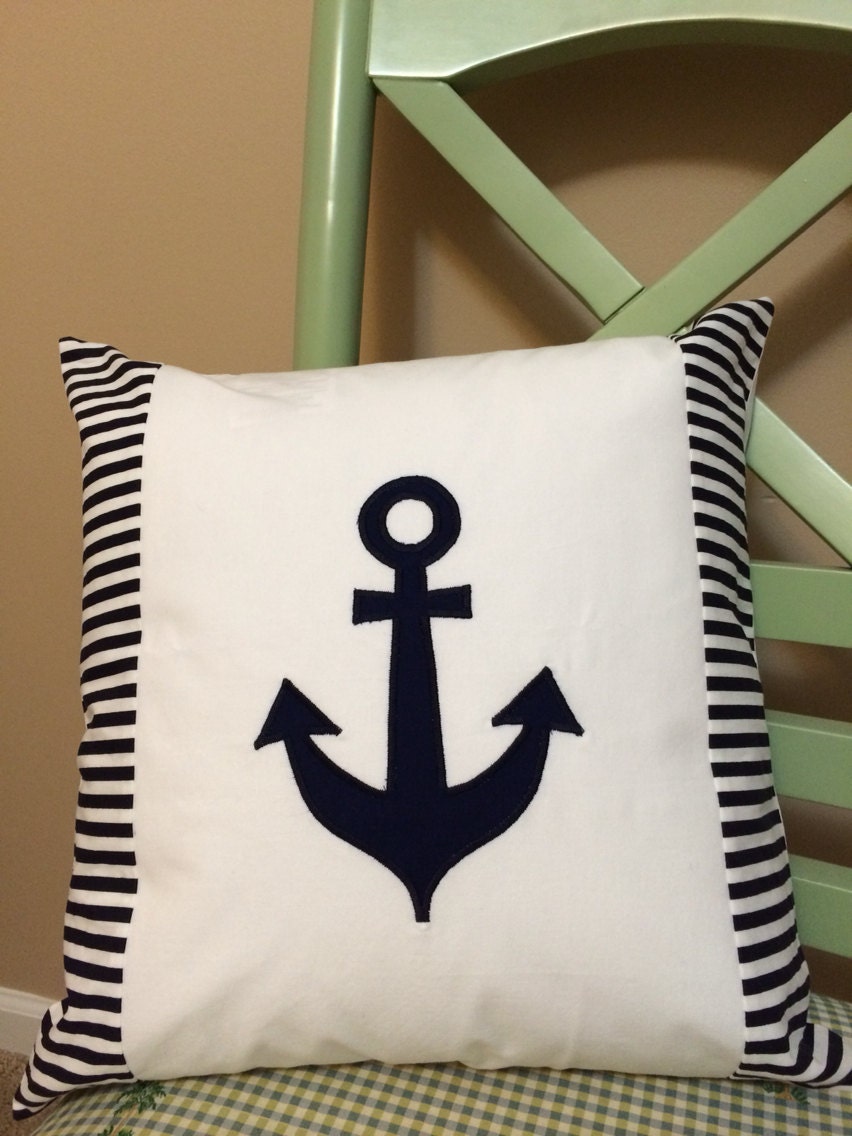 Anchor pillow cover. Navy stripe and white pillow cover.