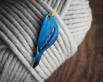 Blue finch brooch, nature inspired enamelled copper pin, navy blue bird pin, gift for good luck, gift for her, cute bird brooch
