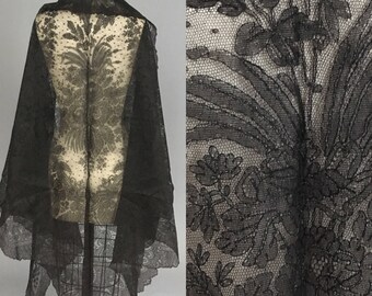 Huge antique chantilyl lace shawl 1860s 1870s