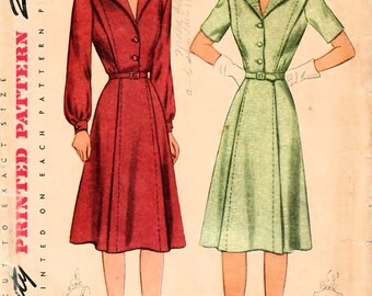 1940s Simplicity4329 Vintage Sewing Pattern Misses Shirtwaist Dress, Flared Skirt Dress, One Piece Dress Size 12 Bust 30