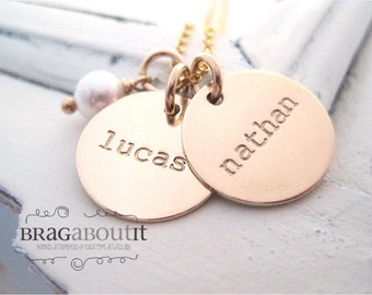 Personalized Hand Stamped Necklace - Personalized Jewelry - Brag About It - Tiny Brag With Pearl