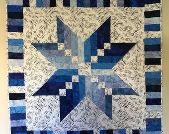 Batik Blue Shaded Star Quilt, Quilts for Sale, Handmade Quilts, Quilts for Wallhanging, Quilts for Lap, Quilts for Gifts
