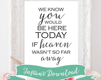 SALE PRINTABLE 8 x 10 We Know You Would Be Here Today If Heaven Wasn't So Far Away Wedding Sign Instant Download. Printable Remembrance Sign