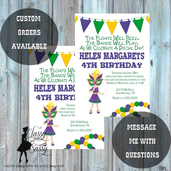 Mardi Gras Birthday Party Invitation, Mardi Gras Party, Parade party, New Orleans Baby, New -190