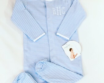 Personalized baby footie - monogrammed baby sleeper - blue stripes polkadots baby gown romper - personalized baby gift - baby boy sleeper