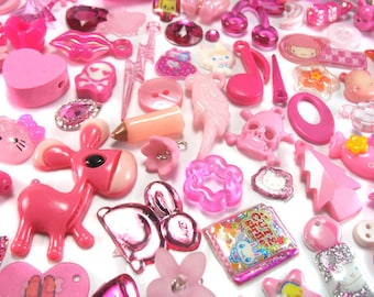 50 Pink Kawaii Charms - Trinkets Grab Bag -Kitsch Charms Mystery Bag- Cute Charms Beads Doodads for DIY Charm Bracelets - Lucky Dip - Pinks